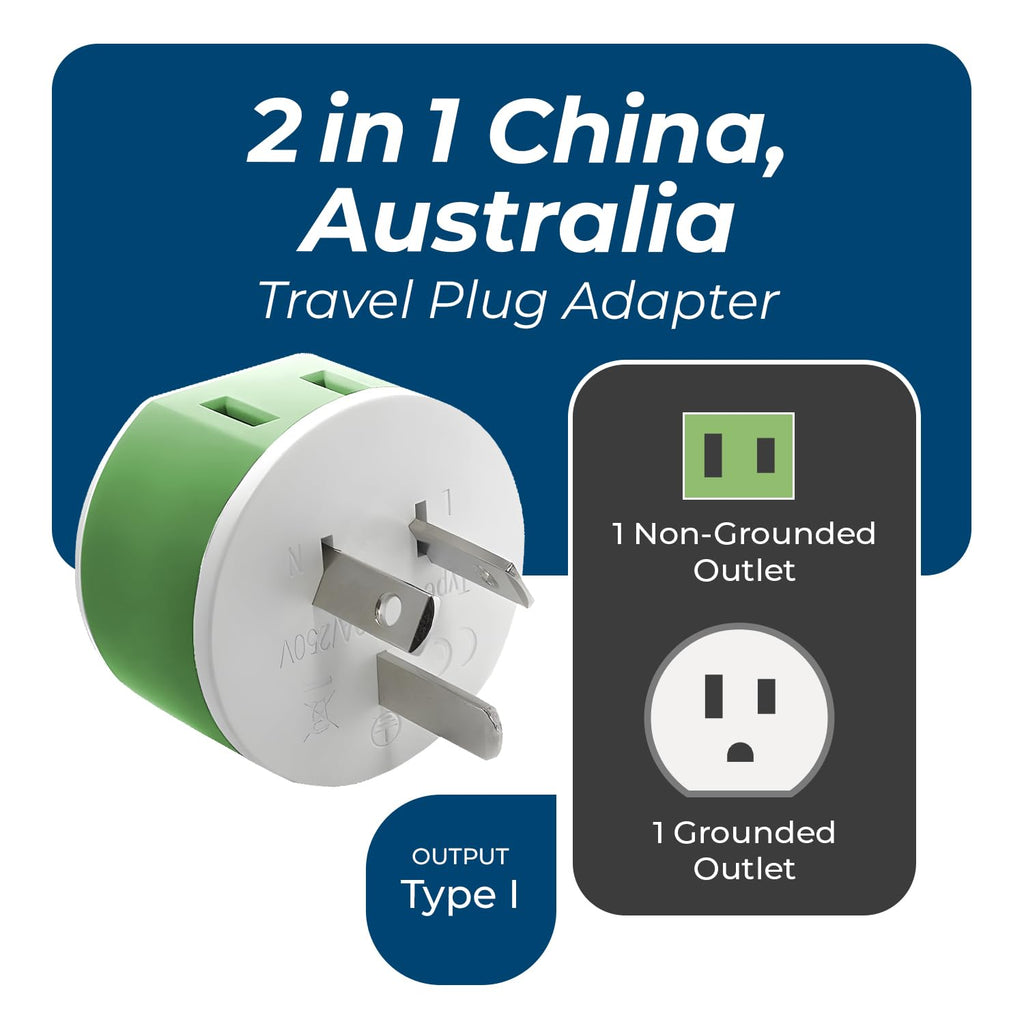 OREI Australia, New Zealand, China Power Plug Adapter with 2 USA Inputs - Travel 3 Pack - Type I (US-16) Safe Grounded Use with Cell Phones, Laptop, Camera Chargers, CPAP, and More