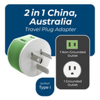 OREI Australia, New Zealand, China Power Plug Adapter with 2 USA Inputs - Travel 3 Pack - Type I (US-16) Safe Grounded Use with Cell Phones, Laptop, Camera Chargers, CPAP, and More