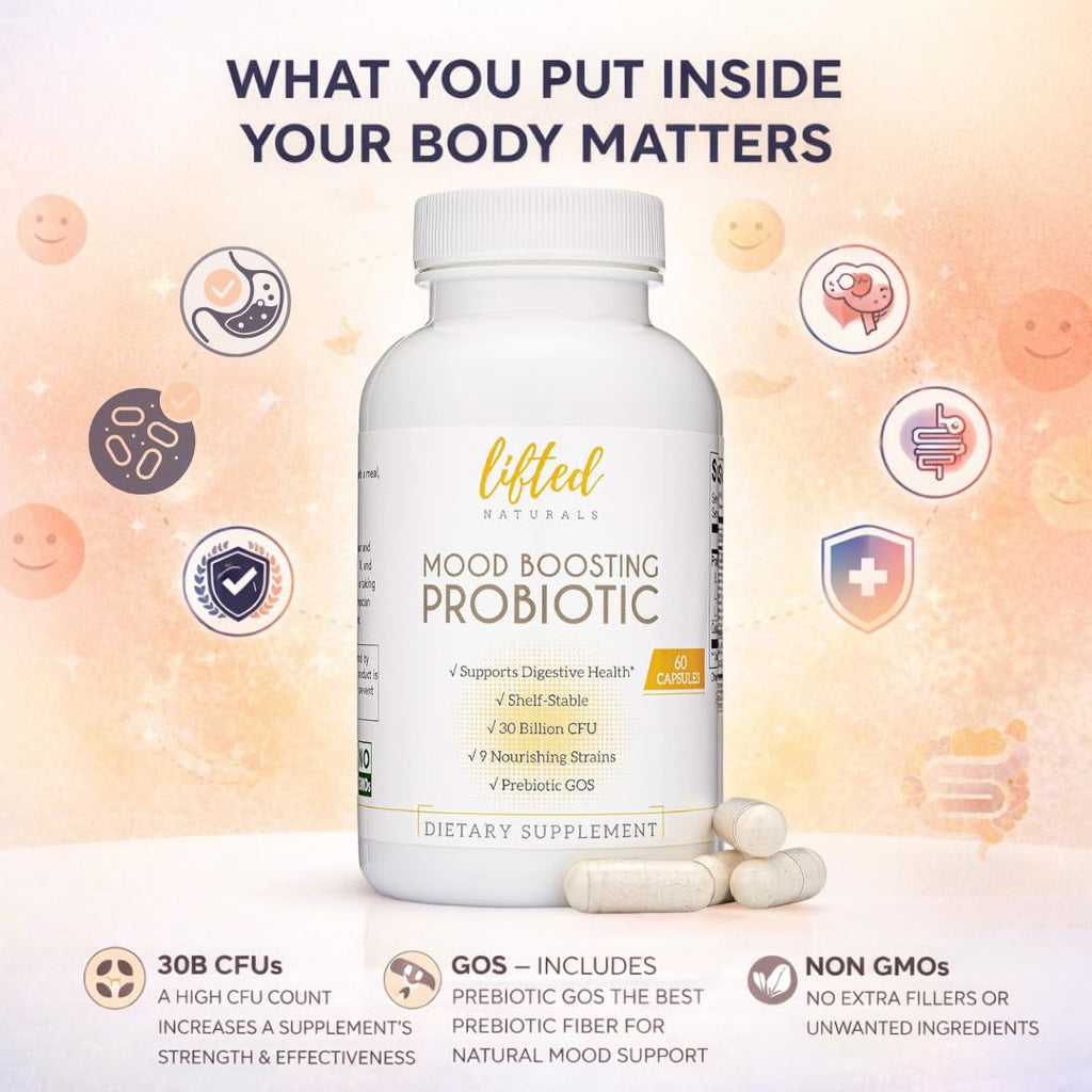 Lifted Naturals Mood Boosting Probiotic 30 Billion CFU - Mood Support Supplement, Prebiotics and Probiotics for Women & Men, Acidophilus Lactobacillus Probiotic, Shelf Stable & Non-GMO, 60 Capsules
