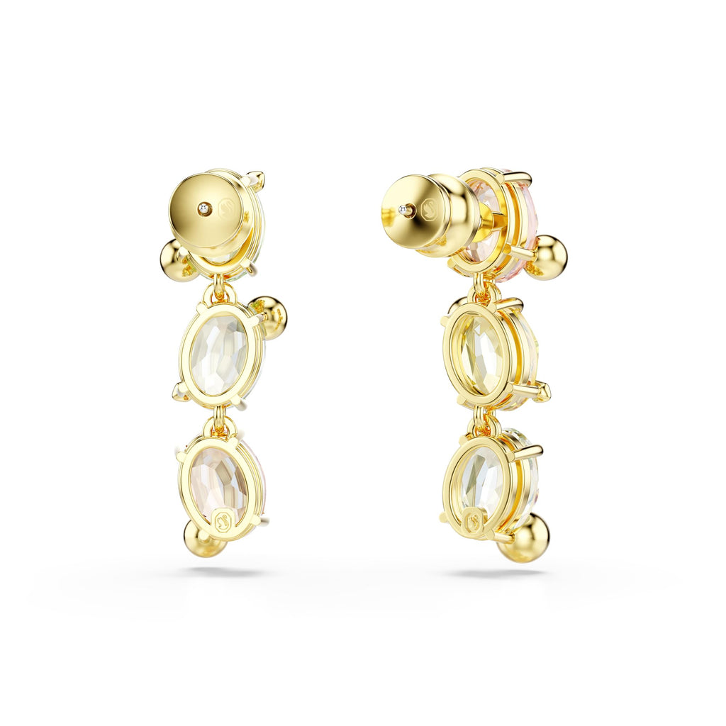 Swarovski Gema drop earrings, Asymmetrical design, Mixed cuts, Multicolored, Gold-tone finish