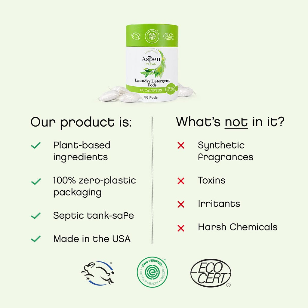 AspenClean | Laundry Pods | Eucalyptus and Rosemary | Clean Detergent for Sensitive Skin | Zero Plastic | Non - Toxic | 100% Natural | EWG Verified - 36 Count