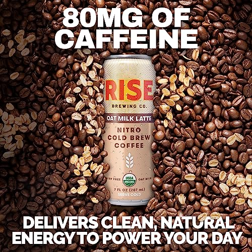 RISE Brewing Co. Oat Milk Nitro Cold Brew Latte, No Sugar Added, Vegan, Organic & Non-GMO, Low Acidity, 7 fl. oz. Cans (12 Pack)