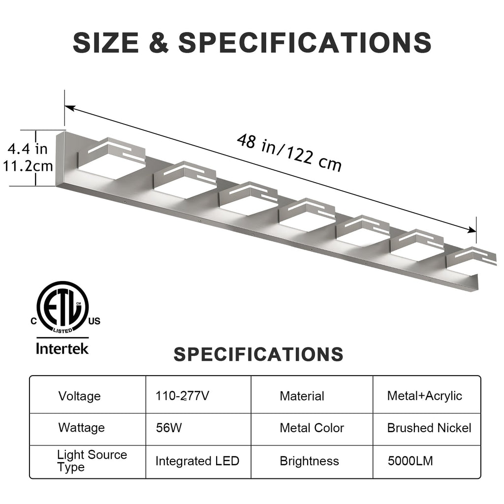 LKHF LED Modern Bathroom Vanity Light Fixtures, Dimmable Brushed Nickel Vanity Lights for Bathroom Lighting Fixtures Over Mirror, with 360° Rotatable Acrylic Heads 7-Light 48-inch (Cool White 6000K)