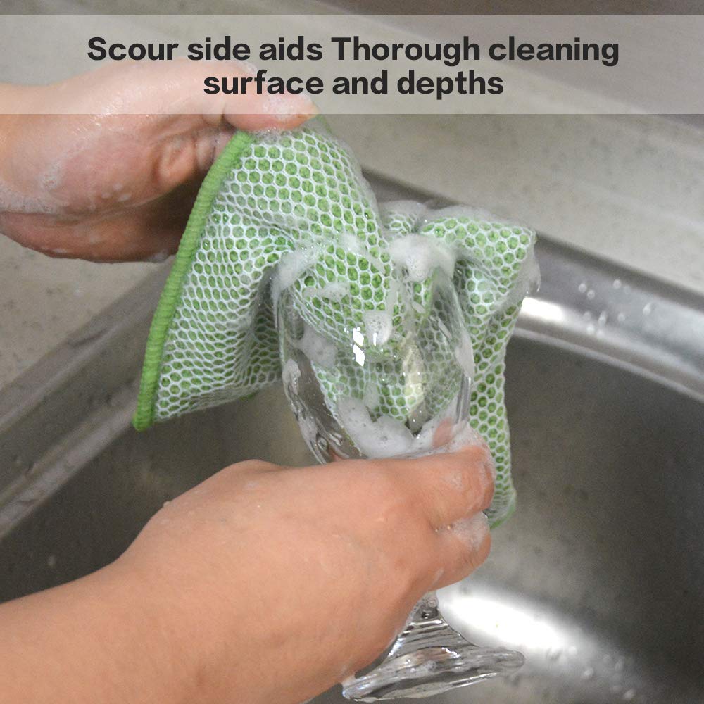 SINLAND 5 Color Assorted Microfiber Dish Cloth Best Kitchen Cloths Cleaning Cloths with Poly Scour Side 12Inchx12Inch 20 Pack (Pinkx4+bluex4+whitex4+yellowx4+greenx4)