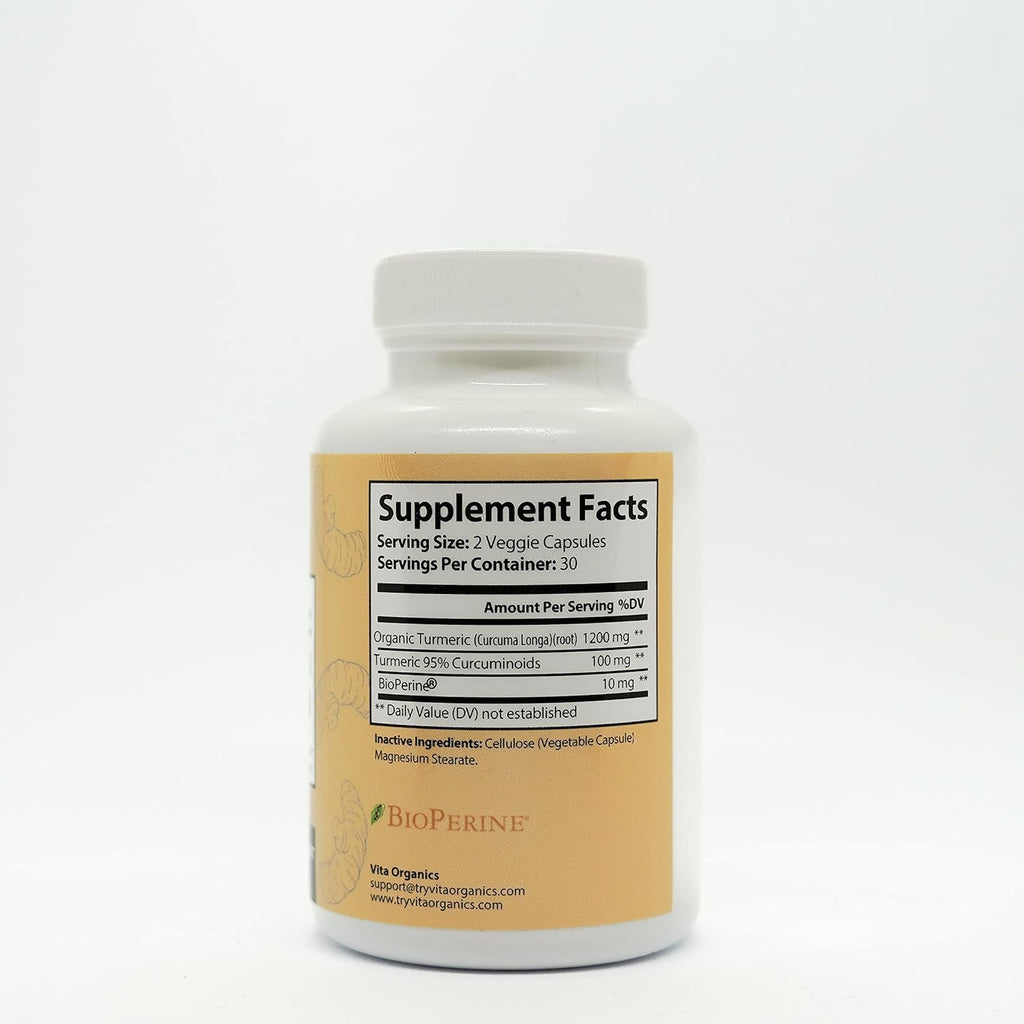 Vita Organics Turmeric Curcumin 1300mg - Extra‑Strength Joint & Inflammation Support - High Absorption with Black Pepper Extract - 95% Curcuminoids Joint Support Supplement - 60 Capsules
