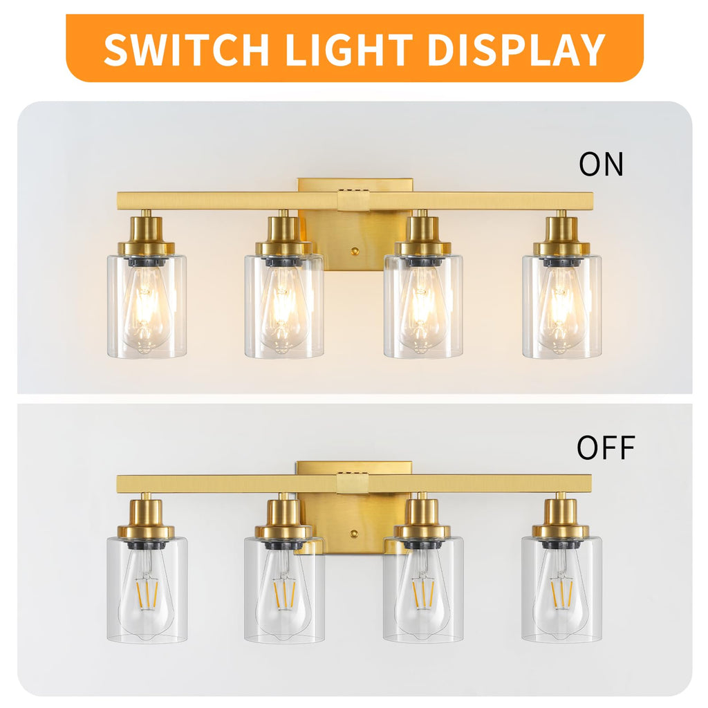 DIKAIDA Bathroom Vanity Light, 4-Light Modern Matte Gold Wall Sconce Lighting with Clear Glass Shade, Black Wall Lights,Bath Vintage Wall Mounted Lamps for Mirror Bedroom Living Room