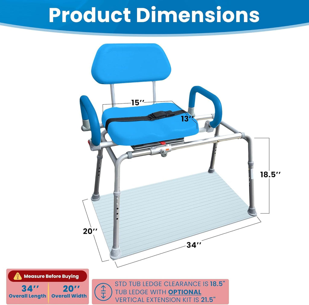 Platinum Health Carousel Sliding Shower Chair Tub Transfer Bench with Swivel Seat, Premium Padded, Pivoting Arms, Adjustable Space Saving Design for Tubs, Inside Shower, for Handicap & Seniors, Blue