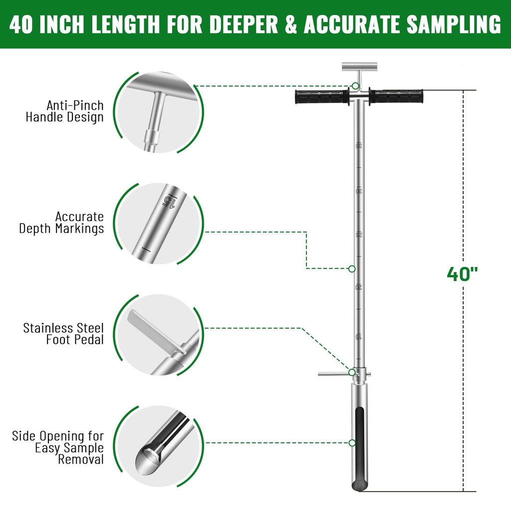 40 Inch Soil Sampler Probe, Stainless Steel Soil Core Sampling Tool with T-Handle, Heavy Duty Soil Probe for Lawn, Garden, Farm & Soil Testing