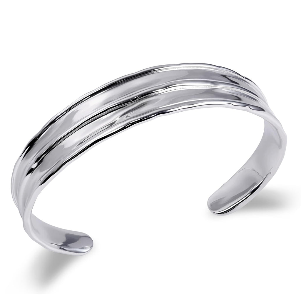 Desnuage Irregular Hammered Wave Texture Cuff Bracelet for Women - Sterling Silver Open Bangle Hypoallergenic Jewelry
