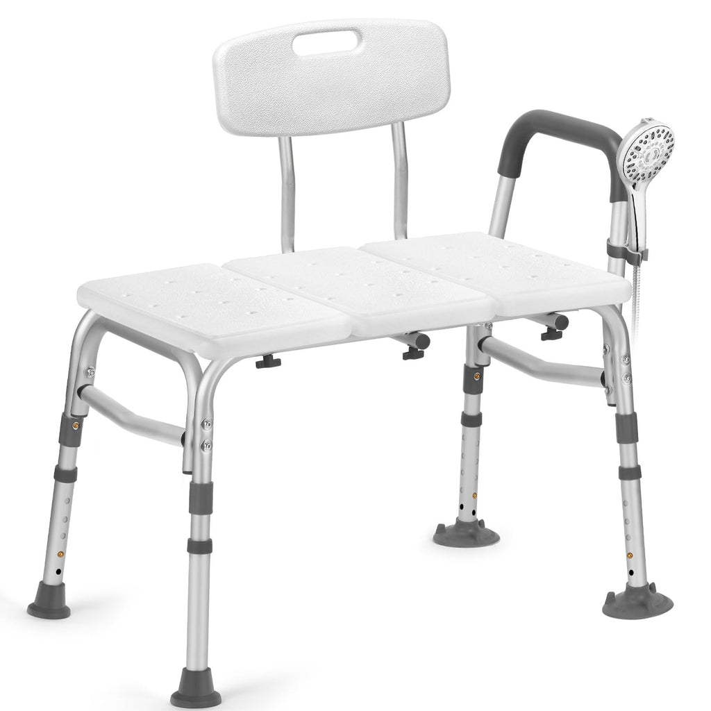 500lb Heavy Duty Shower Bench, Tool-Free Tub Transfer Bench with Arms & Back, Height Adjustable Handicap Shower Seat, Non-Slip Bath Safety Chair for Elderly & Surgery Recovery