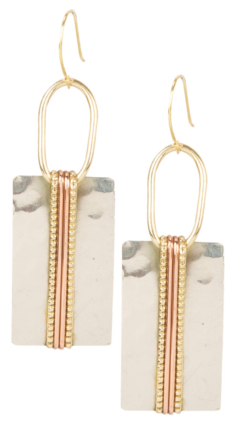 SPUNKYsoul Mixed Metal Rectangle Bar Earrings – Geometric Hammered Silver Gold Copper Dangle Earrings, Wire-Wrapped Modern Boho Drop Design, Lightweight Mid-Weight Statement Jewelry for Women (Rectangle Silver With Gold Accent)
