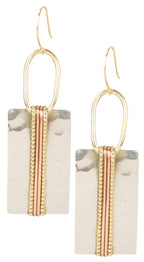 SPUNKYsoul Mixed Metal Rectangle Bar Earrings – Geometric Hammered Silver Gold Copper Dangle Earrings, Wire-Wrapped Modern Boho Drop Design, Lightweight Mid-Weight Statement Jewelry for Women (Rectangle Silver With Gold Accent)