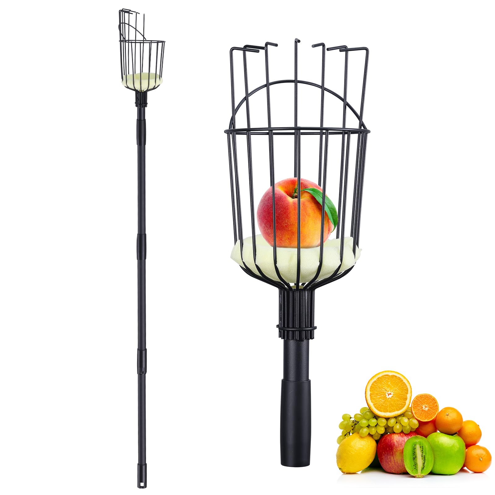 Pragmatist Fruit Picker Pole Tool with Basket, 9.6 FT (116 Inch) Adjustable Fruit Grabber Reacher Tool Long Handle Fruit Catcher for Apple Lemon Pear Citrus Mango Tree Gardening Supplies, Black
