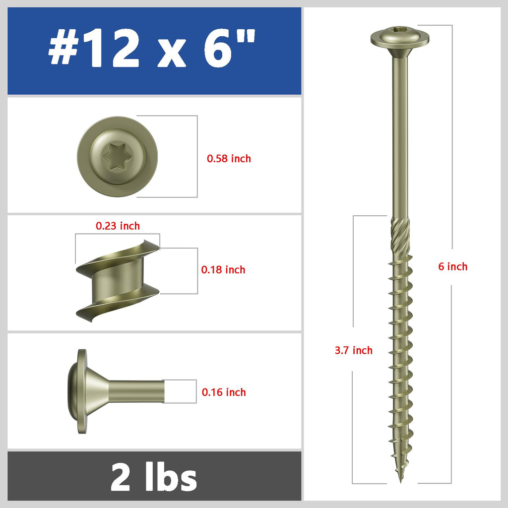 Wensilon (2 lbs)#12 x 6 Yellow Lag Screws, Structural Wood Screw, Heavy Duty Construction Screw, Rust Resistant, Washer Head, Black Coated Exterior Wood Screws, Star Drive with Bit