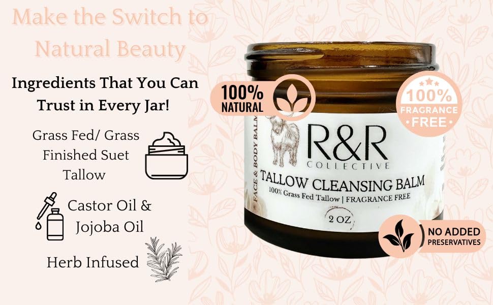 Tallow Cleansing Balm- All Natural Make-Up Remover Oil Based Cleanser. 100% Grass Fed Beef Tallow for Skin Care - 2 FL. oz