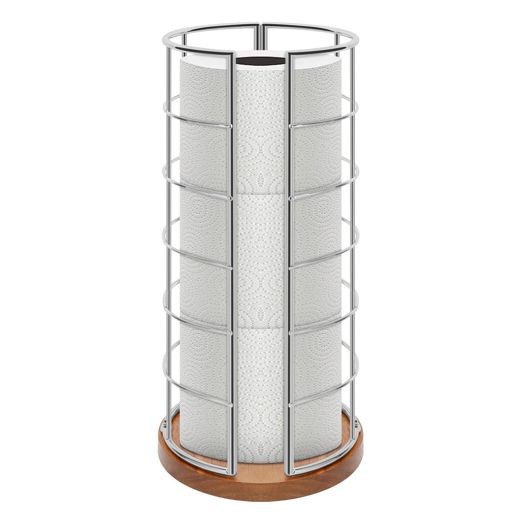 NearMoon Toilet Paper Organizer Stand, Freestanding 3 Rolls Tissue Storage, Metal Bathroom Accessory, Rustproof Toilet Roll Holder for Kitchen Countertop Inside Cabinet Shelf(Wooden Base, Chrome)