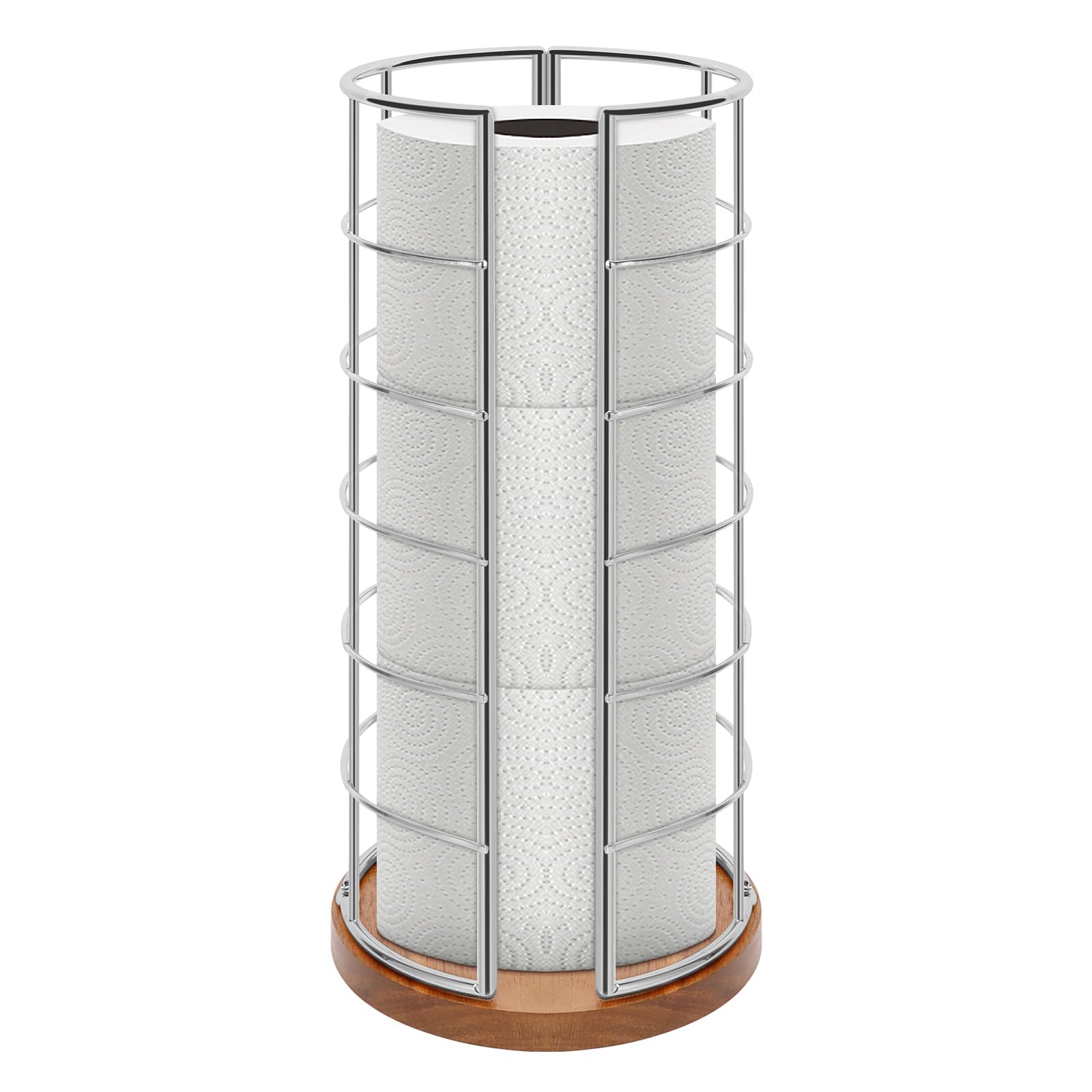 NearMoon Toilet Paper Organizer Stand, Freestanding 3 Rolls Tissue Storage, Metal Bathroom Accessory, Rustproof Toilet Roll Holder for Kitchen Countertop Inside Cabinet Shelf(Wooden Base, Chrome)