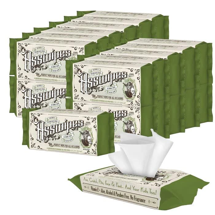 Asswipes Flushable Wipes (Bulk, 1080 wipes) - Personal Cleansing Body, Butt and Bathroom Wipes with Aloe & Vitamin E - Made Without Alcohol or Parabens (Pack of 24)