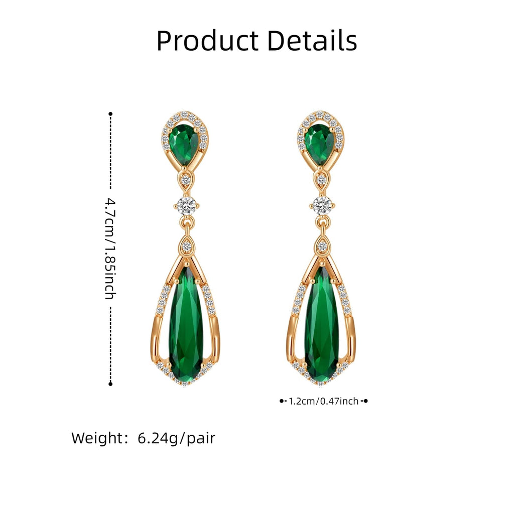 Hpoewre Vintage Emerald Green Teardrop Earrings,925 Sterling Silver Posts & 18K Gold-Plated Brass Drops,Cubic Zirconia Dangle Earrings for Women (Vintage)