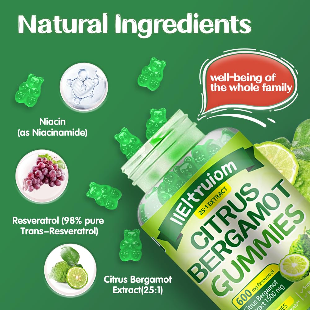 IIEltruiom Citrus Bergamot 1500mg, Citrus Bergamot Gummies for Healthy Cholesterol, Bergamot Supplements 25:1 Extract from Italy Bergamot, Resveratrol & Niacin - Natural Vegan 60 Gummies