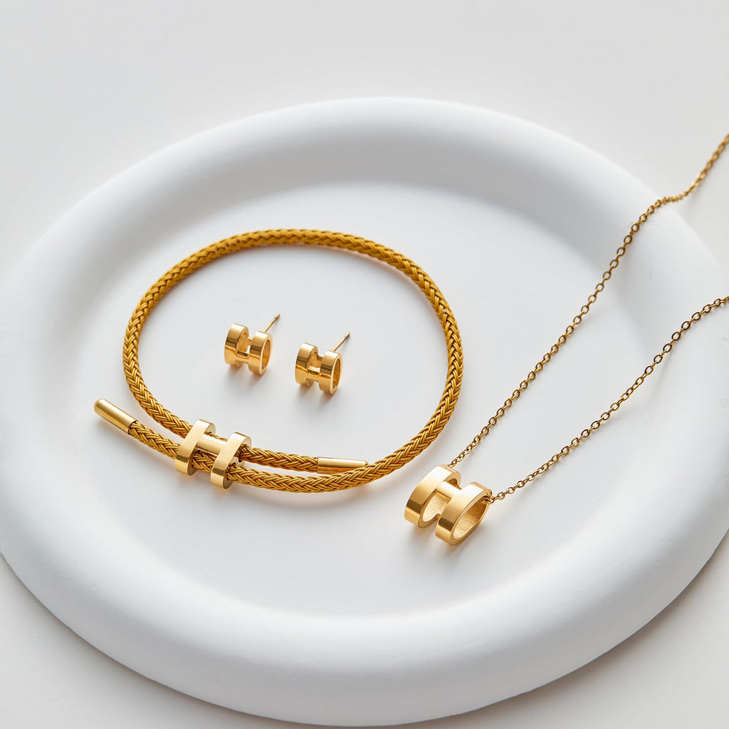 Watdoc H Jewelry Set for Women 3 Piece, H Titanium Steel Necklace, Earrings, Bracelet Set, Hypoallergenic Ear Studs, Adjustable Chain, Eco Friendly Packaging (gold)