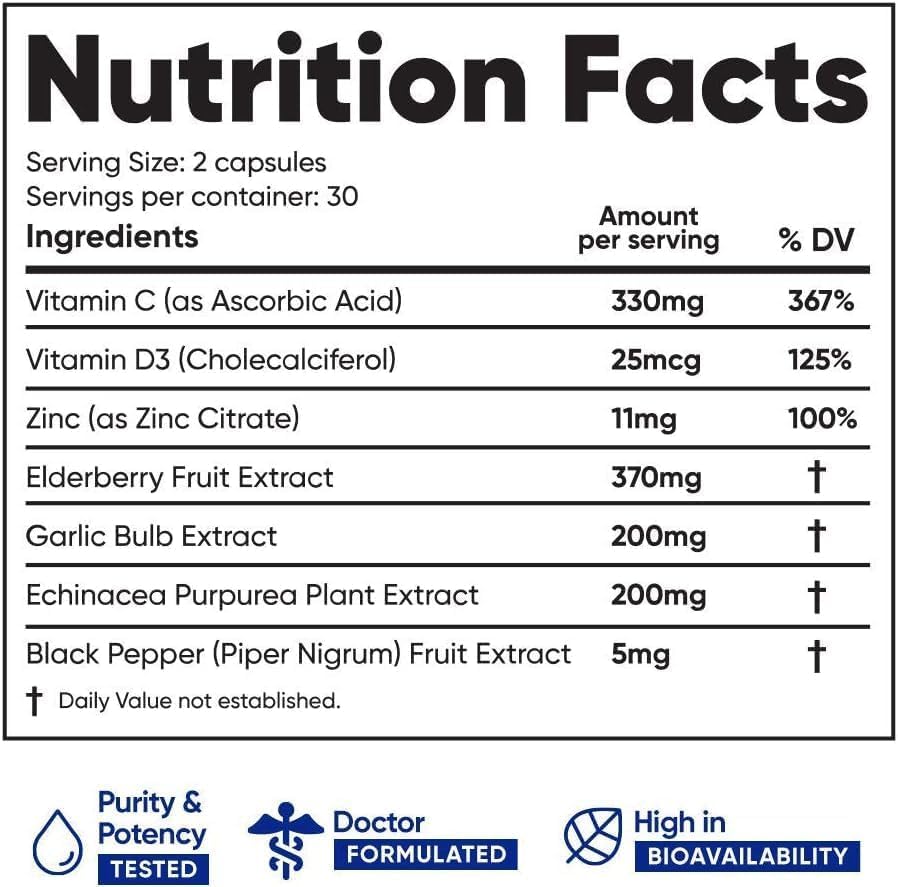 Immuneti Advanced Immune Support – Doctor Formulated 6-in-1 Daily Immunity Supplement – Made in USA – With Vitamin C, D3, Zinc, Elderberry, Garlic & Echinacea - Vital Nutrients & Antioxidants (1)