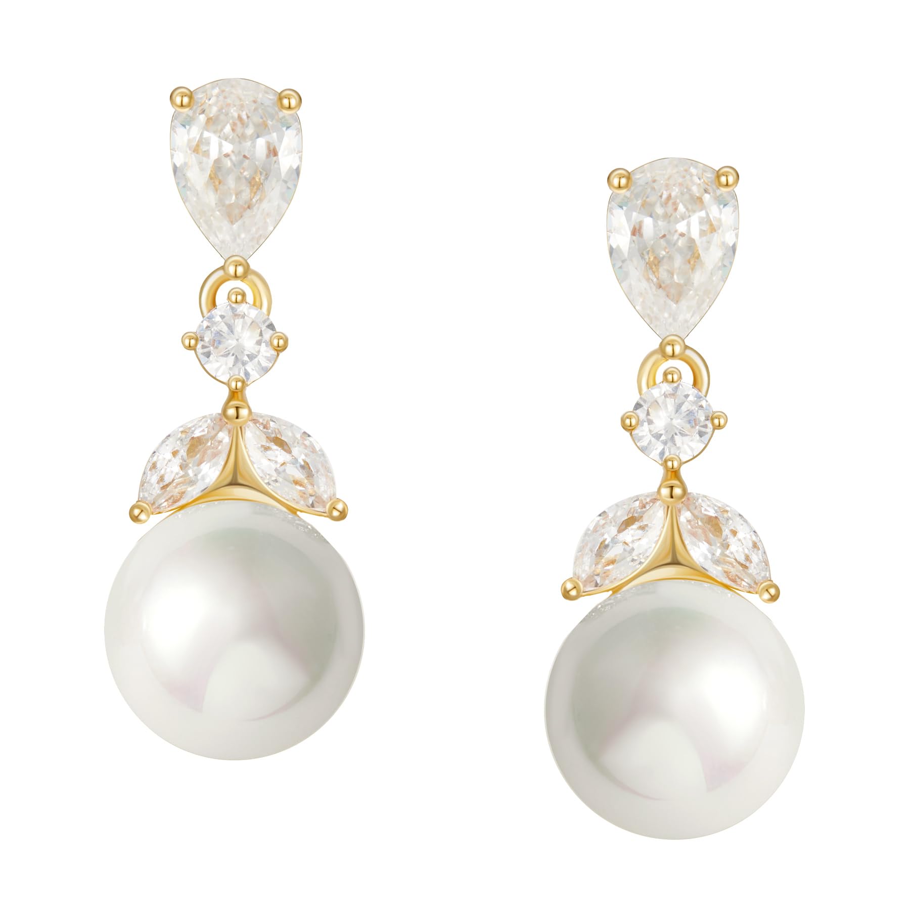 SWEETV Cubic Zirconia Pearl Drop Wedding Earrings for Brides, Ivory Bridal Pearl Earrings for Bridesmaid Jewelry Gift (01.Style 1-Gold)