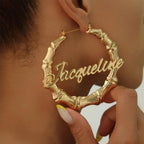 Pselysian Custom Name Hoop Earrings, Personalized Bamboo Earrings, 18K Gold Plated Big Hoop Earrings, Custmized Gifts for Mom Grandma Women (30MM)
