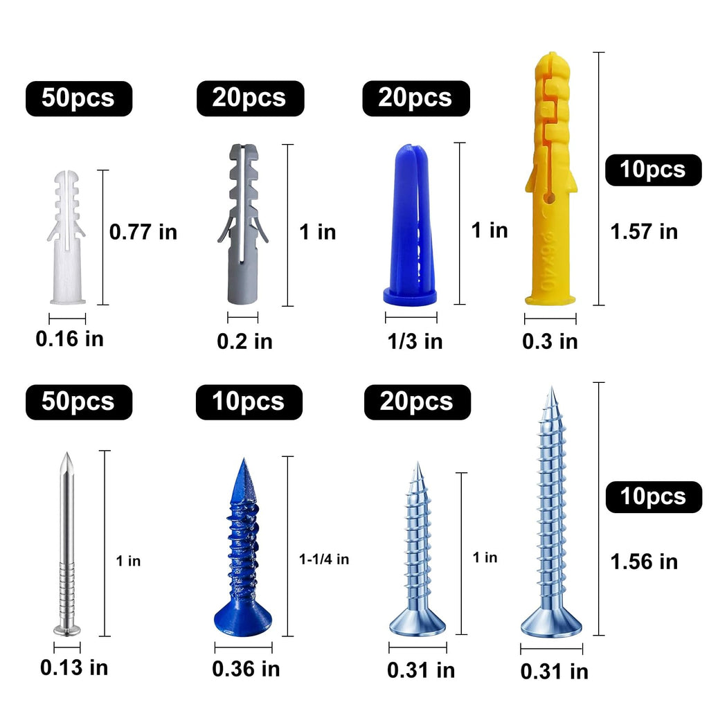 Wensilon (270 pcs) Assortment Plastic Drywall Wall Anchors Kit Screws