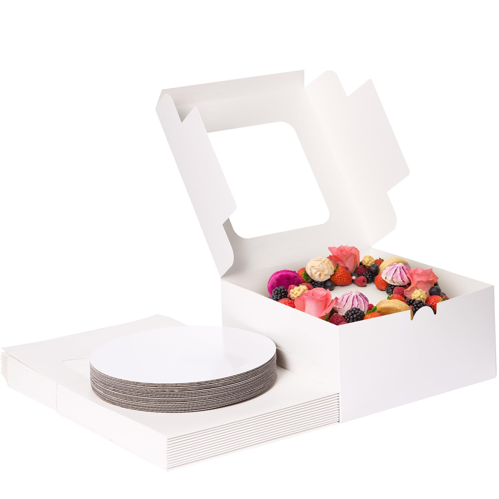 Moretoes 24 Pack Cake Boxes, 10x10x5 Inches with Cake Boards Tall White Square Bakery Boxes Cajas Pasteles for Cakes, Valentine's Day, Mother's Day, Birthday, Wedding, Party, Graduation