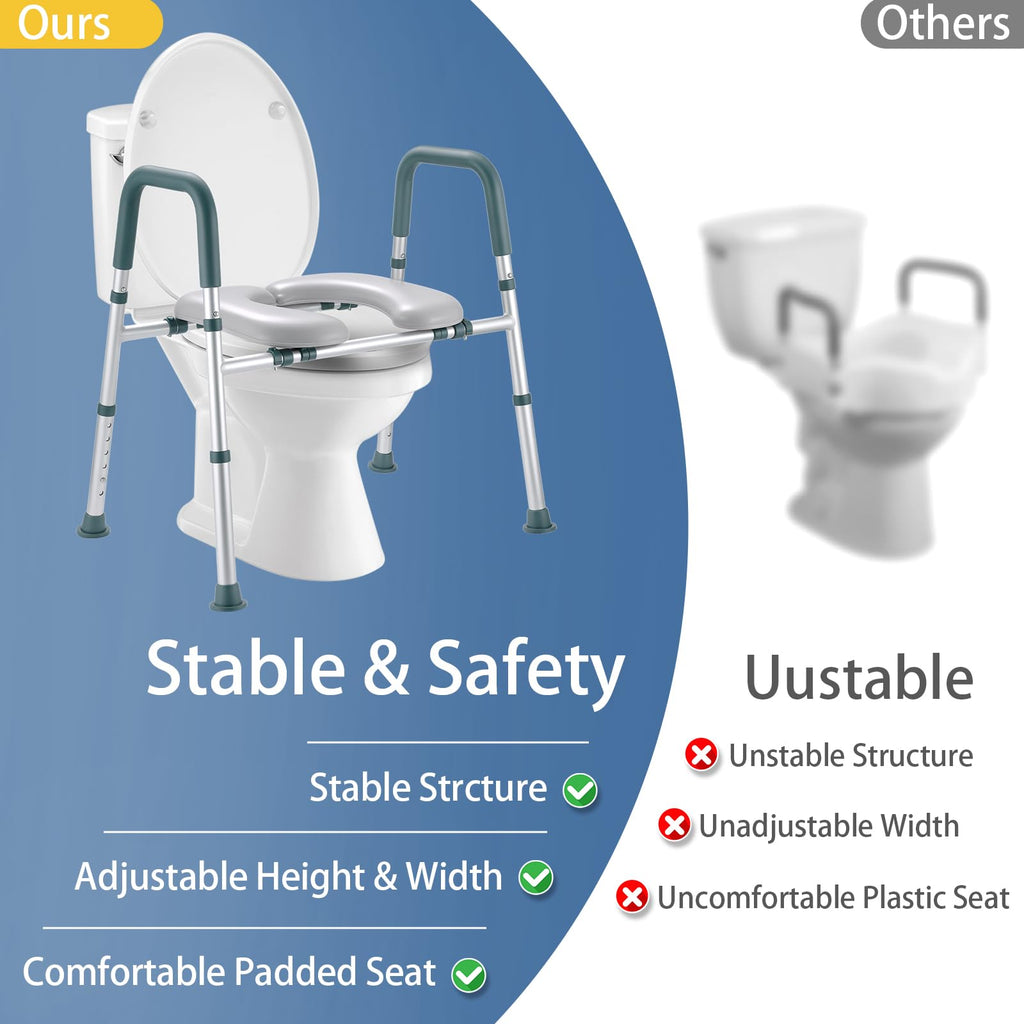 Raised Toilet Seat with Handles, Toilet Seat Riser for Seniors with Adjustable Height & Width, 400lb Cozy Padded Elevated Toilet Seat for Elderly, Handicap and Disabled, Fit Any Toilet