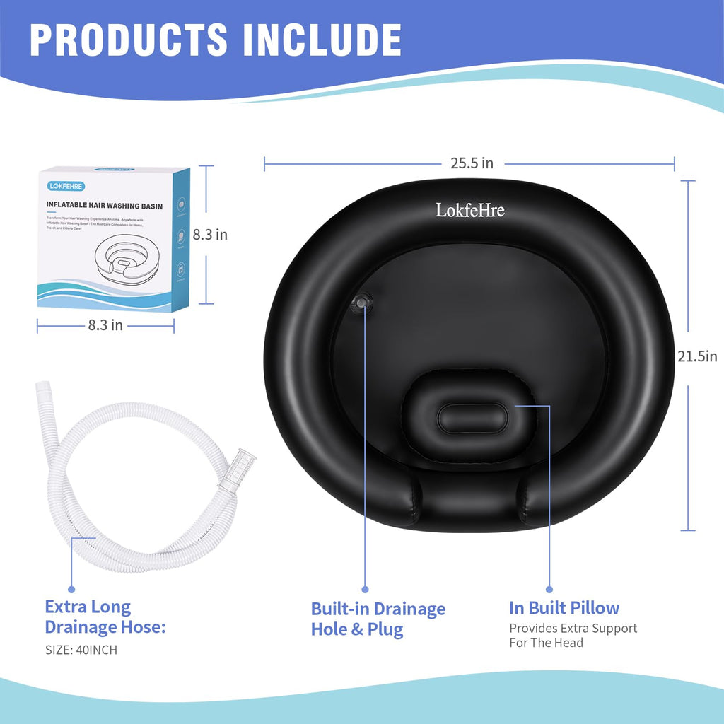 Portable Inflatable Hair Washing Basin for Bedridden - Wash Hair in Bed with Inflatable Shampoo Bowl.For Elderly,Disabled,Injured,Ideal Inflatable Sink for Locs Detox (Black, 18in Inner)