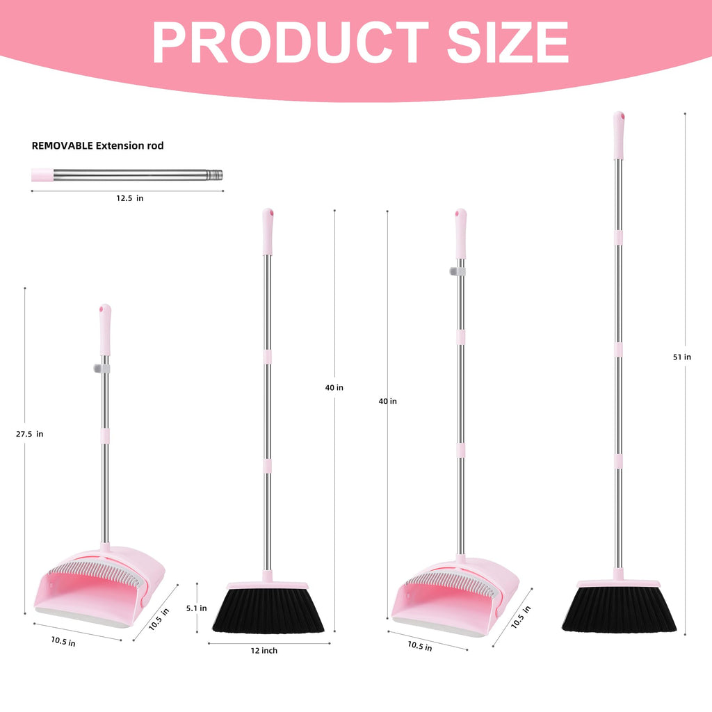 BSKLIN Broom and Dustpan Set House Brooms for Sweeping Indoor Collapsible Broom and Dust Pan Combo for Home Office Kitchen Lobby Floor Pet Hair (Pink)