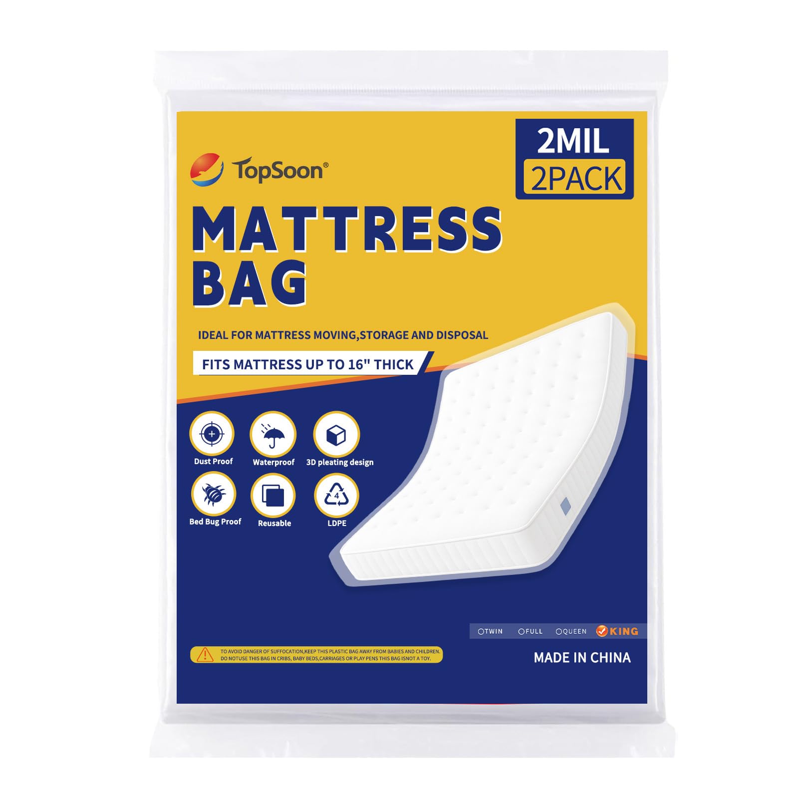 TopSoon Plastic Mattress Bag for Moving and Storage Cover 2PK, 2Mil, King Size Waterproof and Dustproof Mattress Protector, Heavy-Duty Mattress Moving Supplies