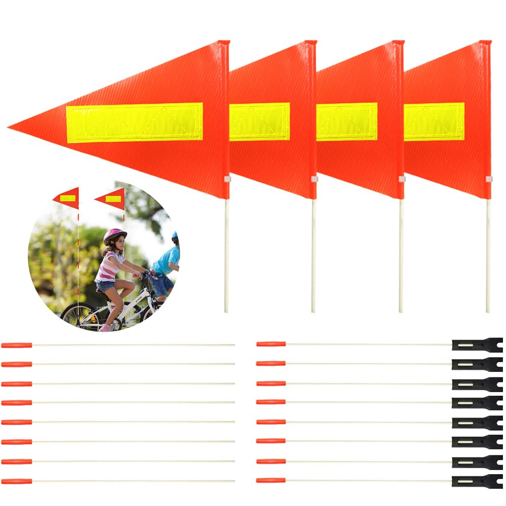 Uelfbaby 4Pcs Bike Safety Flag With Reflective Stripe - 6 Ft Heavy Duty Fiberglass Pole, Polyester Full Color Tear-Resistant Waterproof Orange Double-Sided Reflective Flag