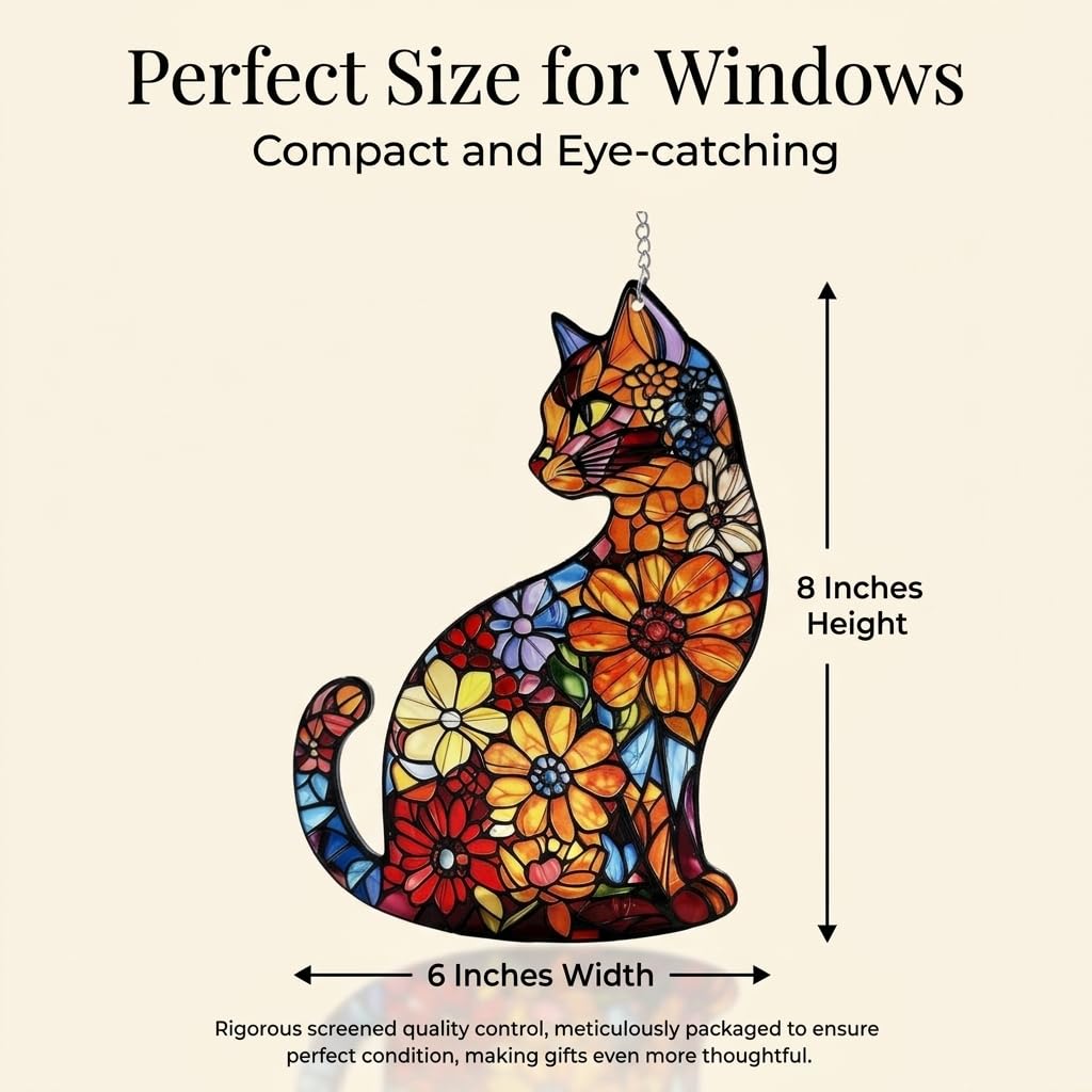 Cat Stained Glass Window Hanging Ornament Gift for Cat Lovers Mom 8 Inch