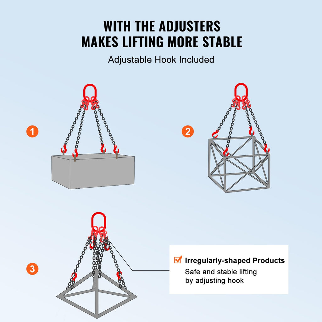 VEVOR Chain Sling, 3/8 inch x 10 ft Lifting Chains with Hooks, G80 Engine Chain Hoist Lifts, 18400 lbs/8 Ton Lifting Sling Chains for Engine Hoist, Engine Lift Chain with 4 Leg Grab Hooks & Adjusters