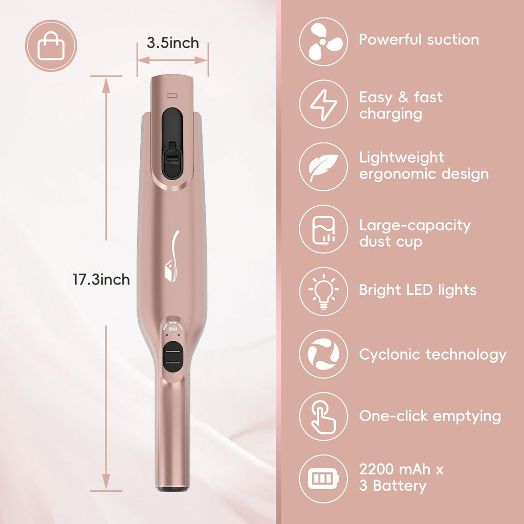 AYONTIN Rechargeable Handheld Vacuum, Lightweight Hand Vacuum Cordless, Powerful Suction, One-Touch Empty, LED Lights, Large Dust Cup for Home, Office, Car, Pet, Rose Gold