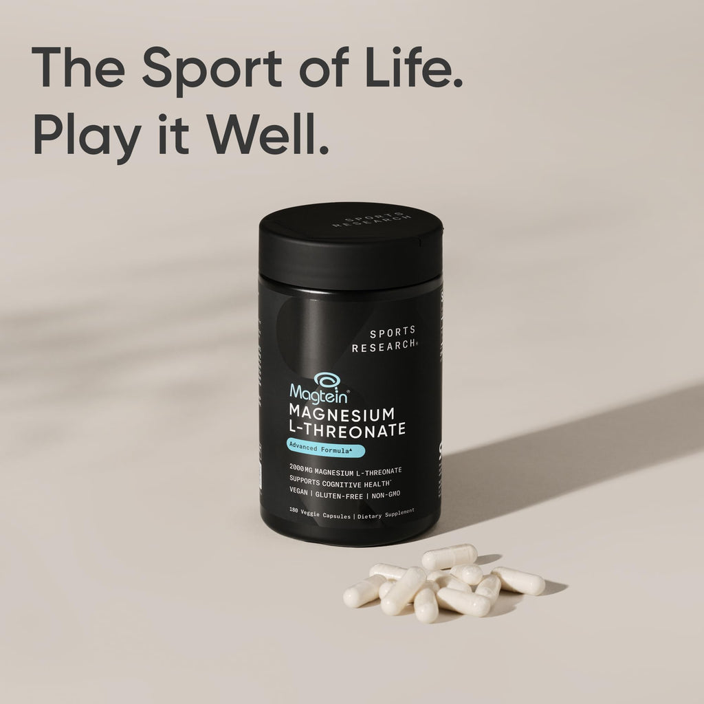 Sports Research® Magnesium L-Threonate Capsules 2000mg - High-Absorption Magtein® for Enhanced Brain Health, Memory, Focus & Restful Sleep Support - Vegan · Non-GMO · Gluten Free - 180 Count