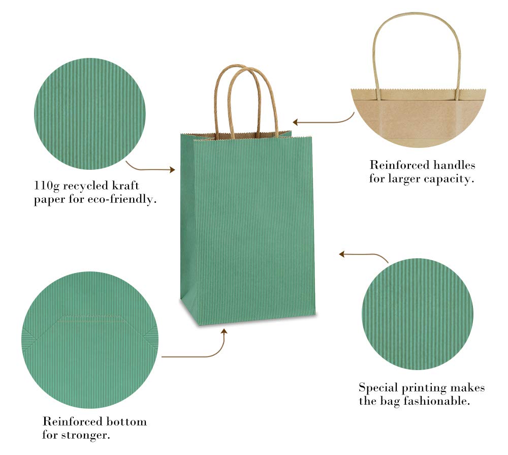 BagDream Kraft Paper Bags 100Pcs 5.25x3x8 Inches Small Kraft Gift Bags with Handles Bulk, for Shopping, Party Favor, Retail, Merchandise, Business, Green Striped Paper Sacks