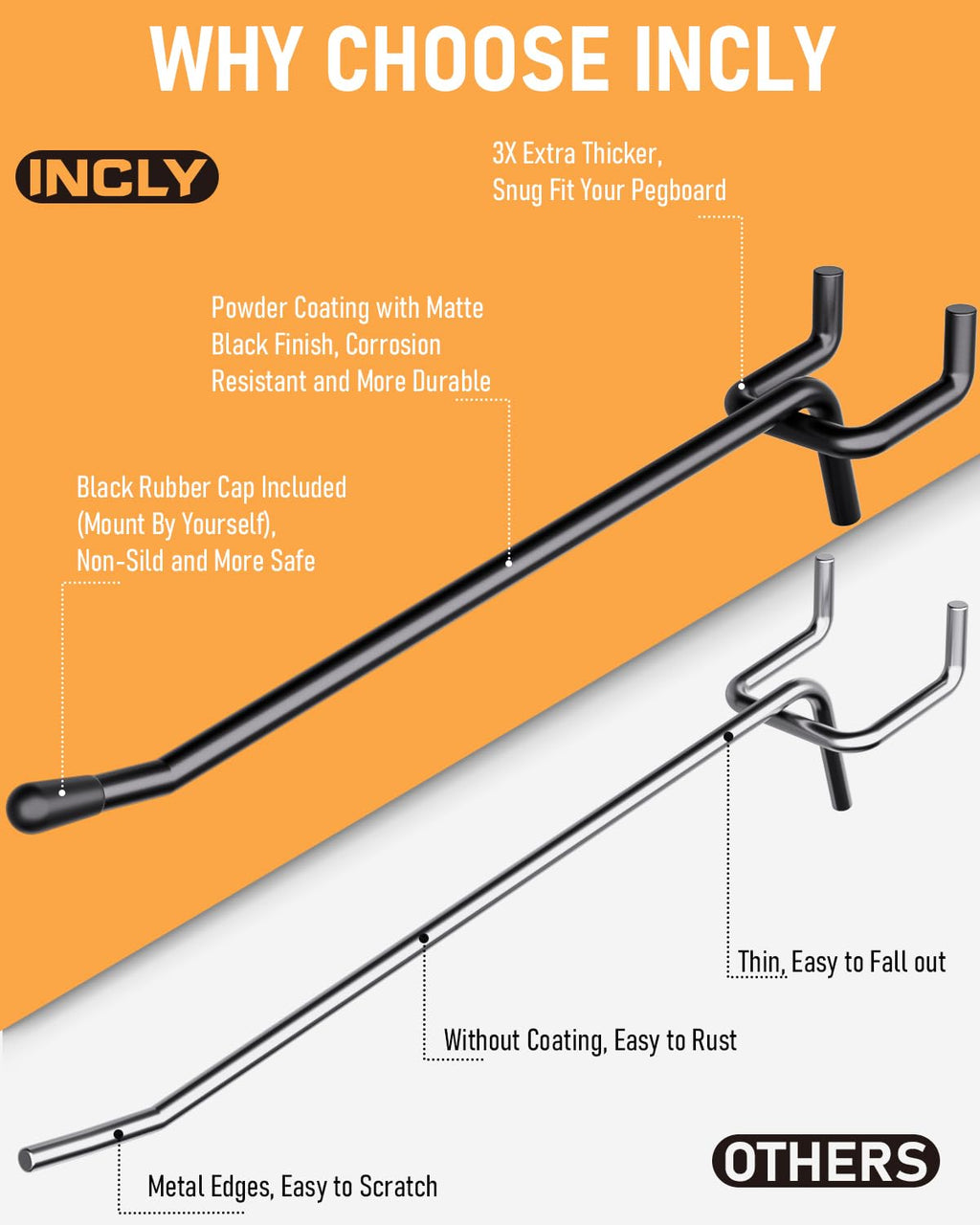INCLY 60 Pack 6 Inch Black Pegboard Hooks, 1/4" Heavy Duty Peg Board Shelving Hooks Accessories, Peg Board Tool Hangers Only Fit 1/4" Pegboard Hanging Tools Garage, Craft Organizing, Kitchen, Store