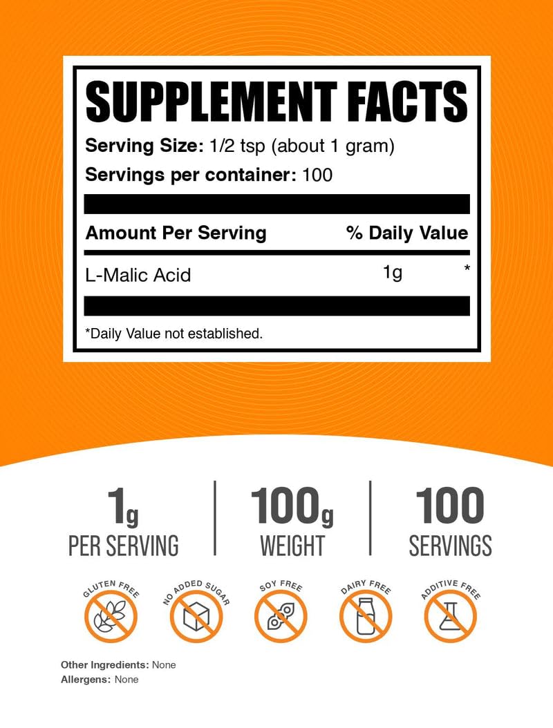 BulkSupplements.com Malic Acid Powder - L-Malic Acid, Dietary Supplement - Food Grade, Pure & Gluten Free, 1g per Serving, 100g (3.5 oz) (Pack of 1)