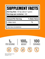 BulkSupplements.com Malic Acid Powder - L-Malic Acid, Dietary Supplement - Food Grade, Pure & Gluten Free, 1g per Serving, 100g (3.5 oz) (Pack of 1)