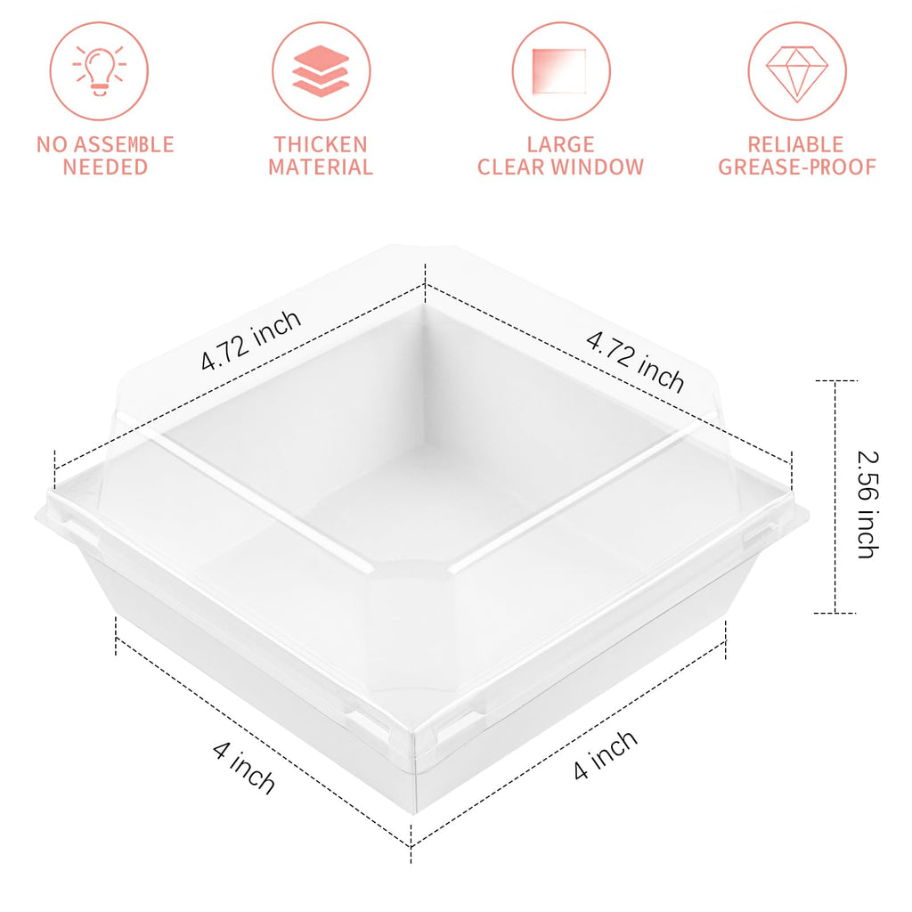 Ocmoiy White Charcuterie Boxes with Clear Lids 4x4 Inch, 100 Pack Square Kraft Bakery Cake Slice Boxes with Window, Dessert To Go Containers (100)