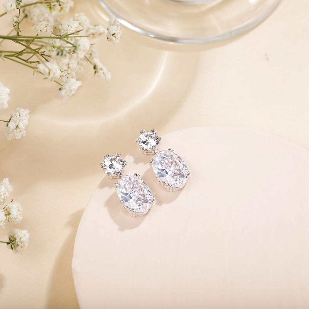 EAMTI Wedding Earrings for Women Cubic Zirconia Dangle Bridal Earrings 925 Sterling Silver Post Oval Earring for Prom Bridesmaid