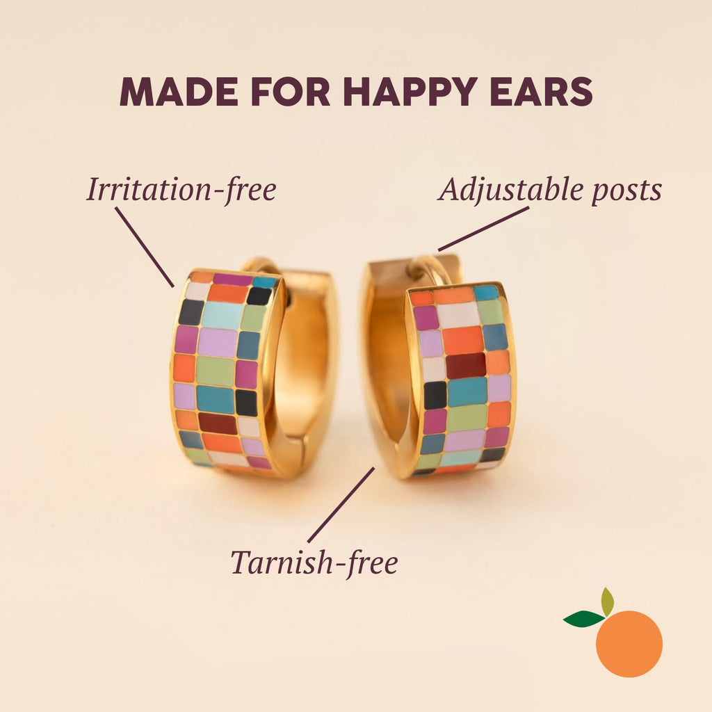 Oh Clementine Super Chunky Checkered Rainbow Huggie Hoop Adjustable Clasp Earrings for Women- 316L Stainless Steel with 18k PVD Gold Coating