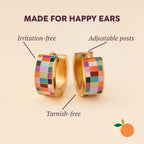 Oh Clementine Super Chunky Checkered Rainbow Huggie Hoop Adjustable Clasp Earrings for Women- 316L Stainless Steel with 18k PVD Gold Coating