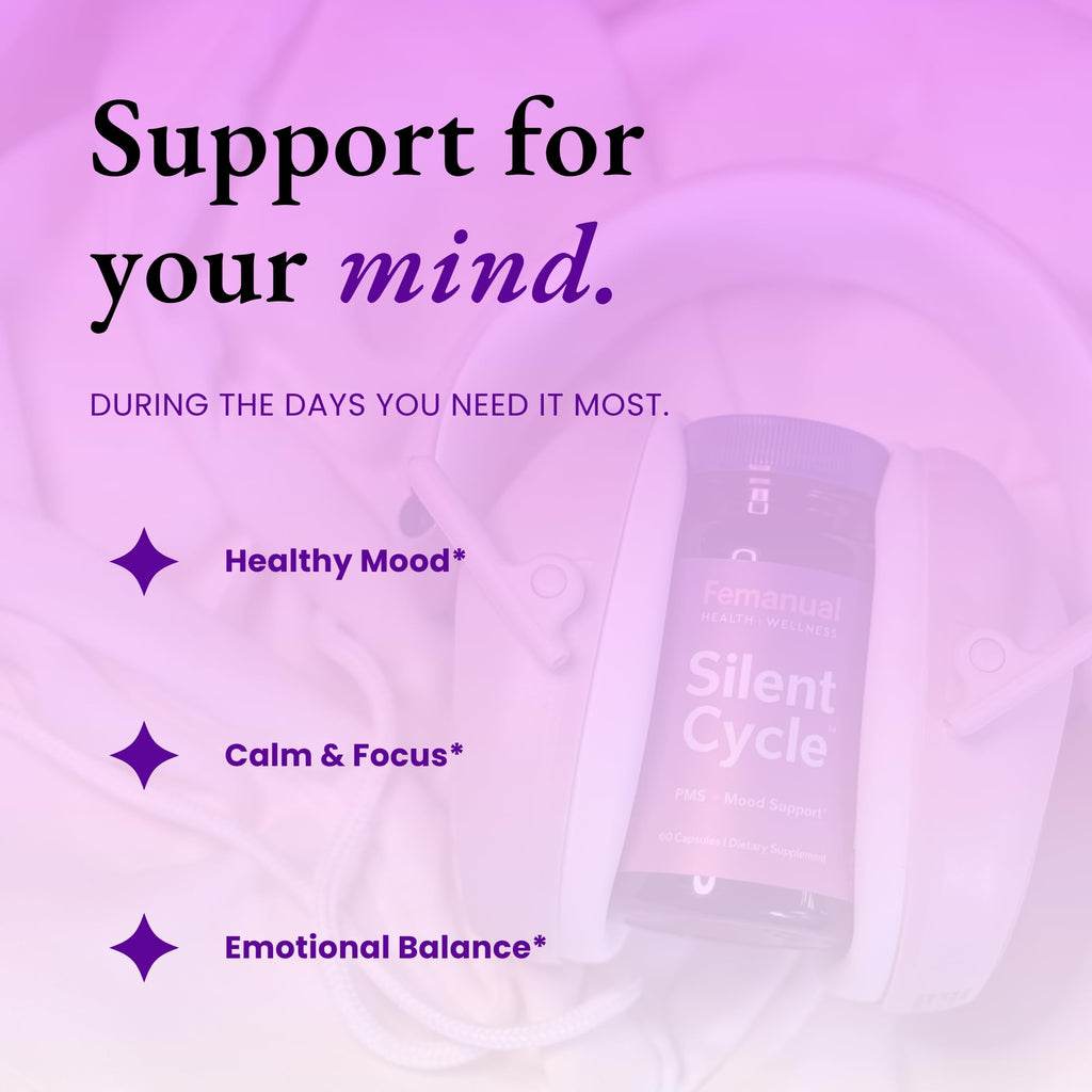 Femanual SilentCycle | PMS + Mood Support Supplement with Chasteberry (Vitex), Saffron, Magnesium, L-Theanine, Vitamin B6, and Ginger - 60 Vegan Capsules