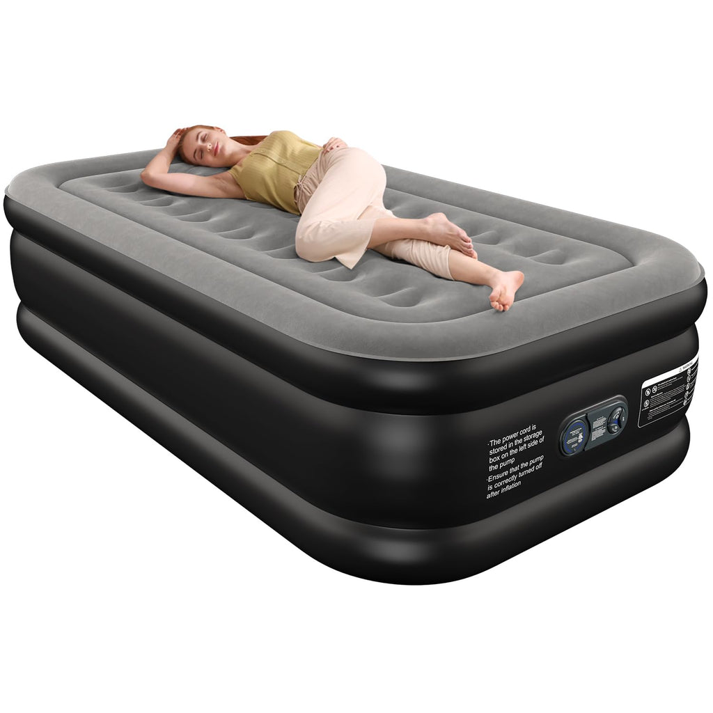 Ezyrest Air Mattress 18", Twin Air Bed with Soft Flocked Top and Portable Carry Bag, Twin Air Mattress with Built in Pump Raised for Guest, Office, Camping (Black)