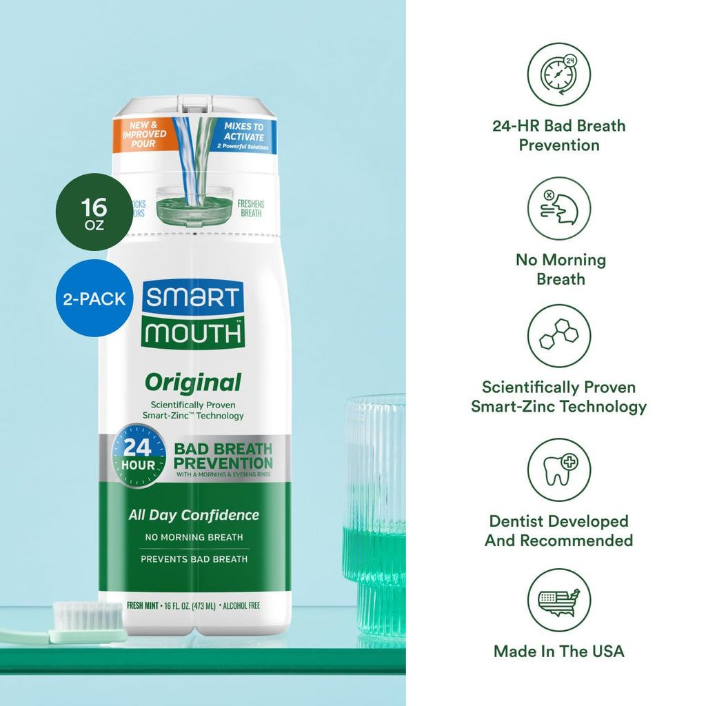 SmartMouth Original Zinc Activated Mouthwash - Instant Fresh Breath Mouthwash - Eliminates Bad Odors and Bad Breath - Alcohol-Free, Sugar-Free, Gluten-Free - Fresh Mint - 16 fl oz (2 Pack)